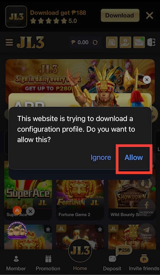 Step 3: A notification appears on the screen that the website is downloading a profile. Then, click "Allow" on the notification.