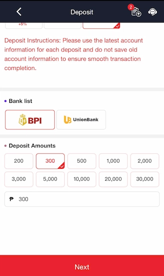 Step 3: Then, enter the amount you want to deposit and select the bank to proceed with the transaction. Finally, click "NEXT".